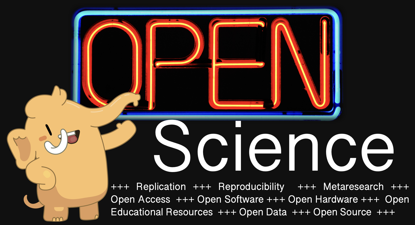 Set against a black background, the mastodon mascot points at a sign that says open science, and the following words are printed below: replication, reproducibility, meta research, open access, open software, open hardware, open educational resources, open data, open source or other aspects of open scholarship and research. Accounts are associated with keywords. 
